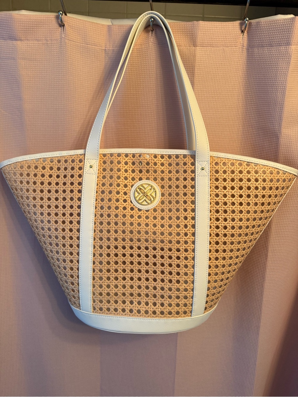 Woven Rattan Tote Bag with White Trim